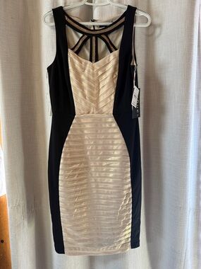 Signature by Sangria Black and Gold-Tone Paneled Sheath Dress